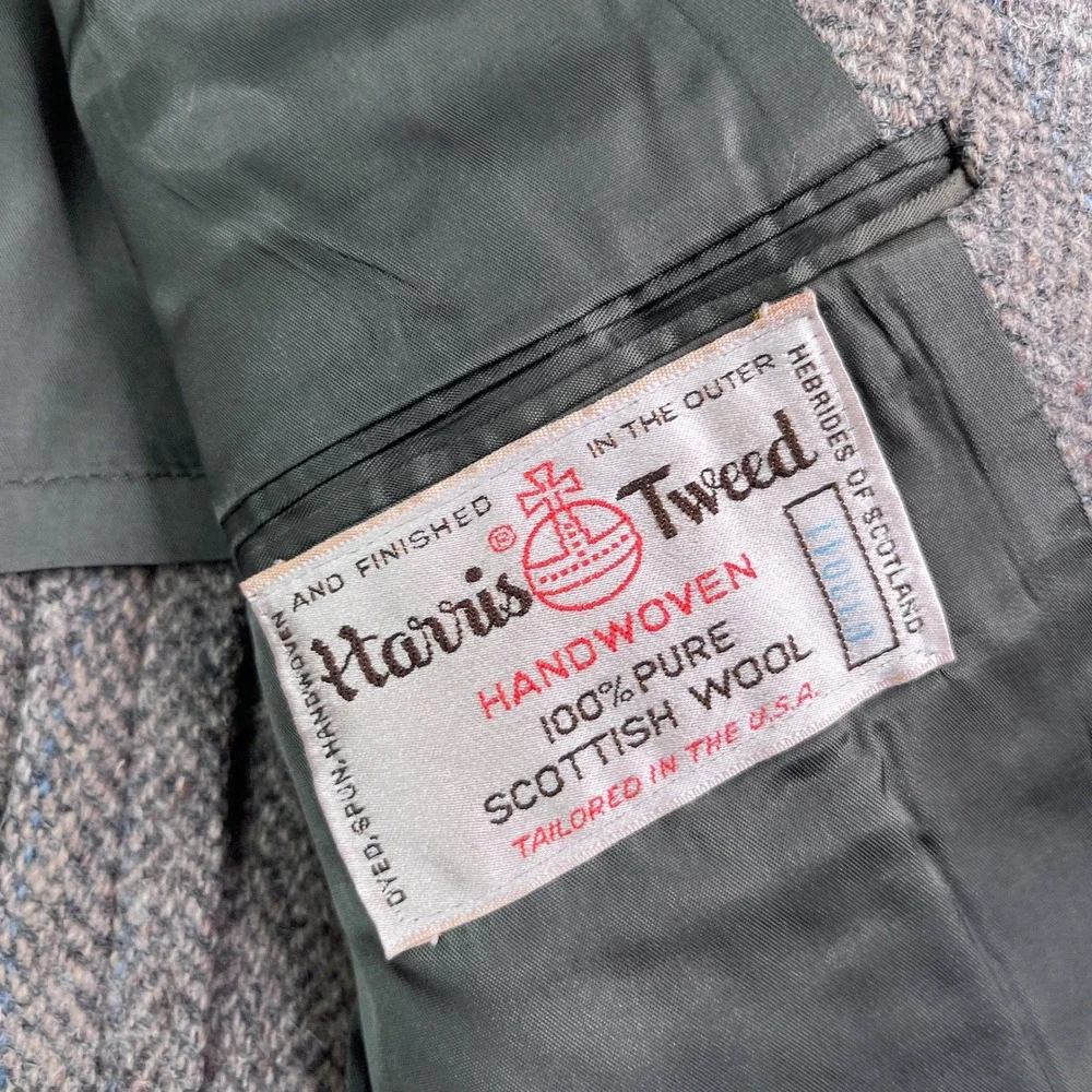 Vintage Harris Tweed Blazer Mens 40R Gray Herringbone Wool Tweed Sport Coat